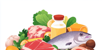 High-Protein Diets for Muscle Gain: Myths, Facts, and Tips Featured image showcasing an array of high-protein foods including meats, fish, eggs, legumes, and nuts with modern graphics.