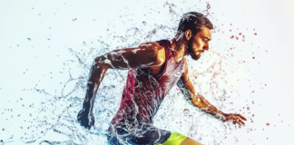 The Role of Hydration in Performance: Tips for Optimal Intake Featured image of an athlete in action with dynamic water icons emphasizing hydration performance.