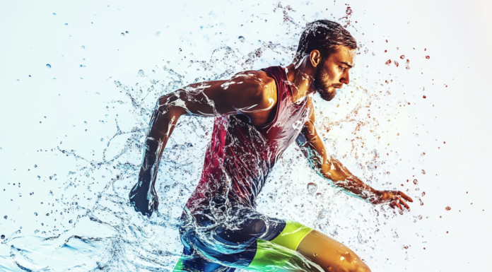The Role of Hydration in Performance: Tips for Optimal Intake Featured image of an athlete in action with dynamic water icons emphasizing hydration performance.