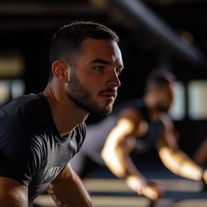 Athlete performing high-intensity interval training with visible timers and dynamic movement.