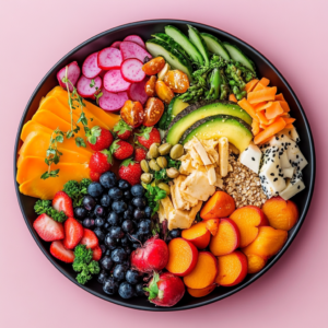 Colorful, balanced meal with nutrient icons illustrating advanced nutrition techniques.