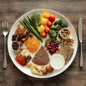 Vibrant display of healthy food with icons highlighting essential nutrition tips.