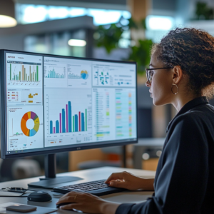 Individual analyzing interactive progress charts and fitness metrics in a modern workspace.