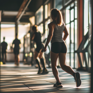Individual engaging in diverse fitness activities with modern gym equipment and smart tracking devices.