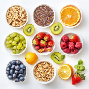 Assortment of pre-workout foods including fruits, nuts, and oats arranged attractively.