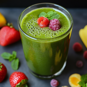 Vibrant pre-workout smoothie in a clear glass, garnished with fresh fruit and surrounded by ingredients.