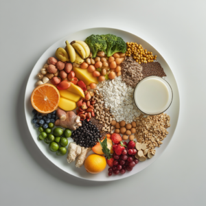 Nutrient-rich meal and recovery drink arranged to support post-workout recovery.