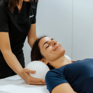 Individual practicing recovery techniques with foam roller, stretching, and elastic bands in a calm setting.